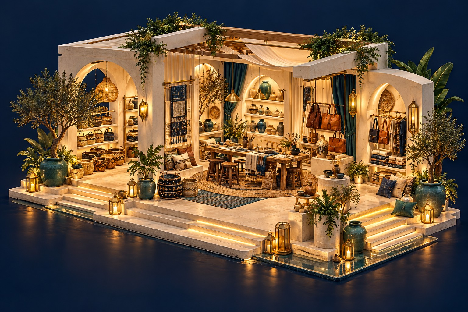Concept illustration of an artisan boutique with woven baskets, ceramics, textiles and leather bags.